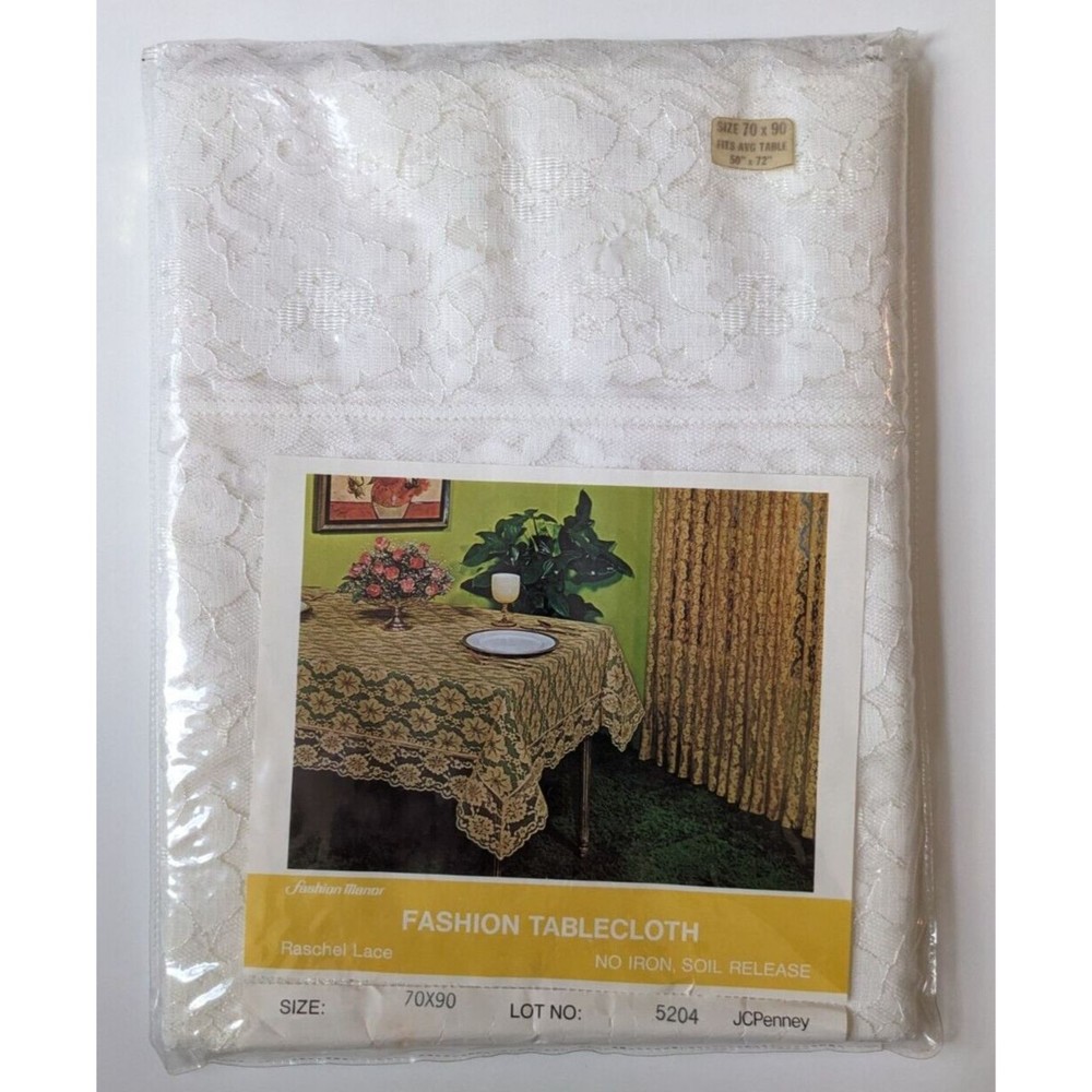 Vintage 1970's Raschel Floral Lace Tablecloth 70" by 90" JC Pennys Fashion Manor